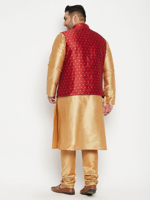 Vastramay Men's Plus Size Maroon Zari Weaved Nehru Jacket With Kurta Pyjama set